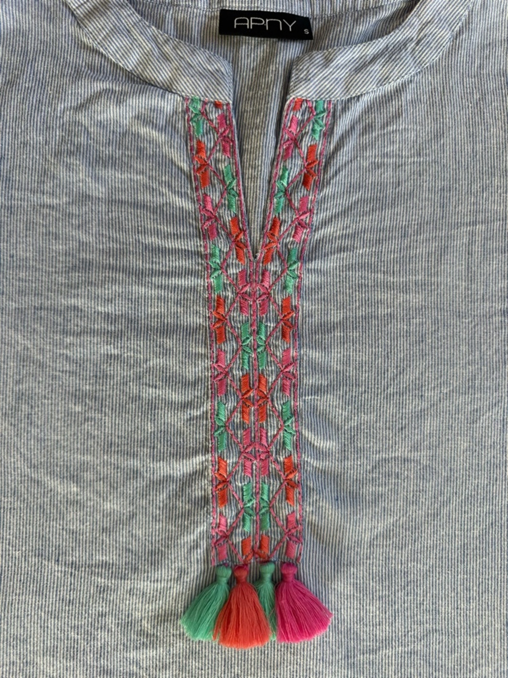 APNY blue stripe embroidered cotton popover top split‎ neck bell sleeve women S - Picture 3 of 6